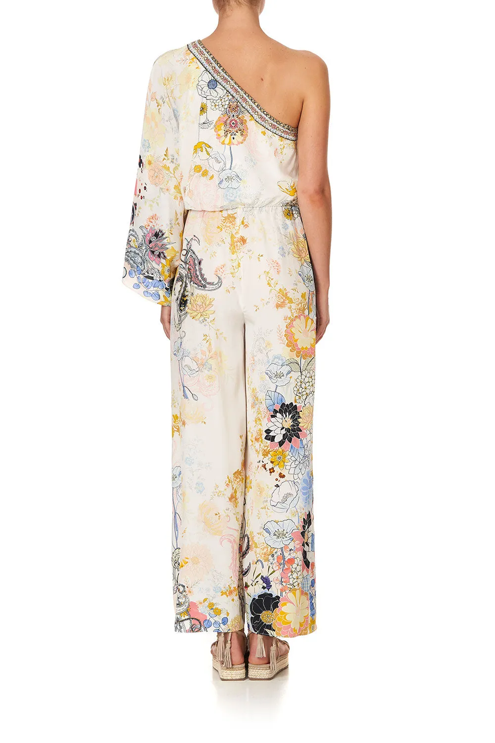 ONE SHOULDER FLARED JUMPSUIT BRITAIN BOUQUET