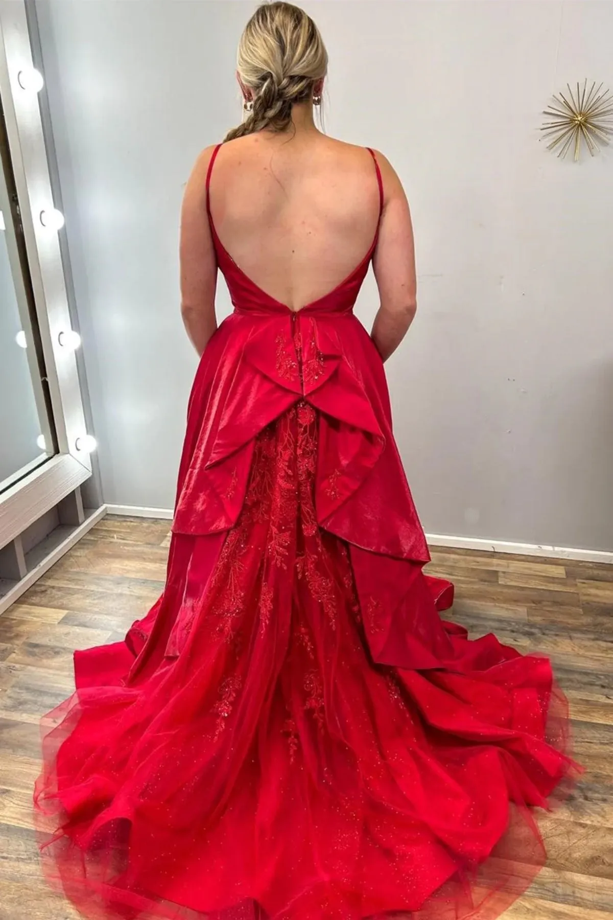 Open Back V Neck Red Long Prom Dress with Lace Train, Red Lace Formal Dress, Red Evening Dress A2031