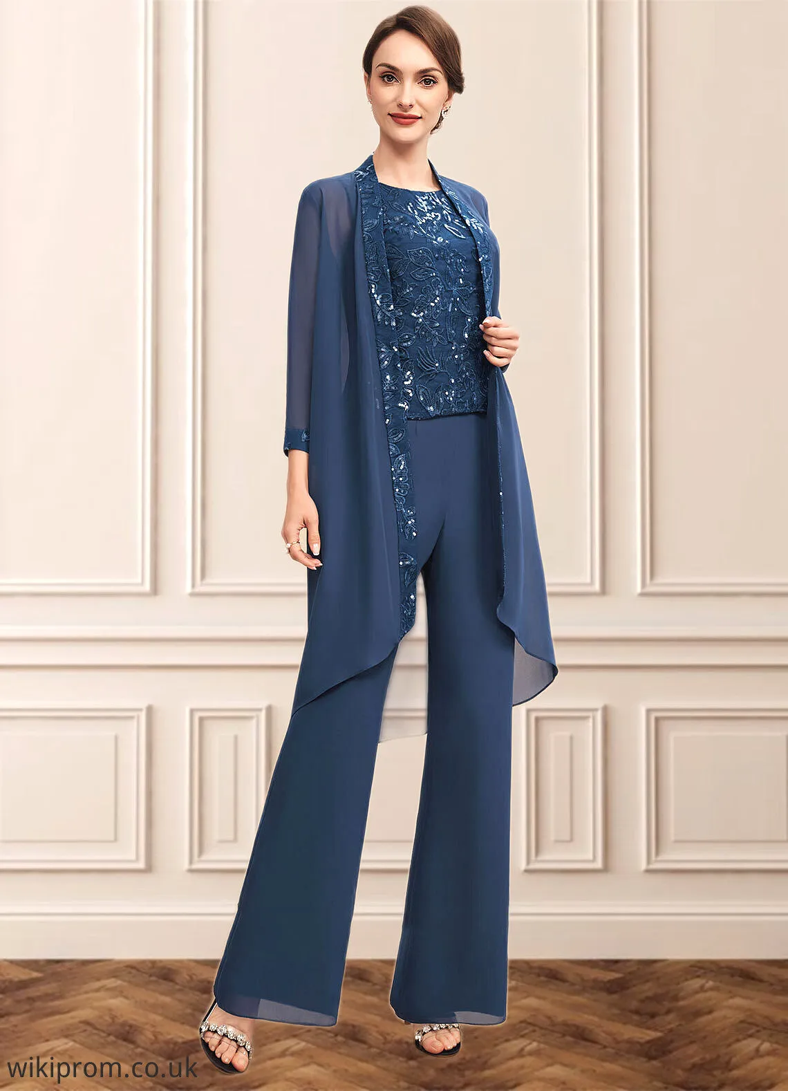 Parker Jumpsuit/Pantsuit Scoop Neck Floor-Length Chiffon Lace Mother of the Bride Dress With Sequins SWK126P0014567