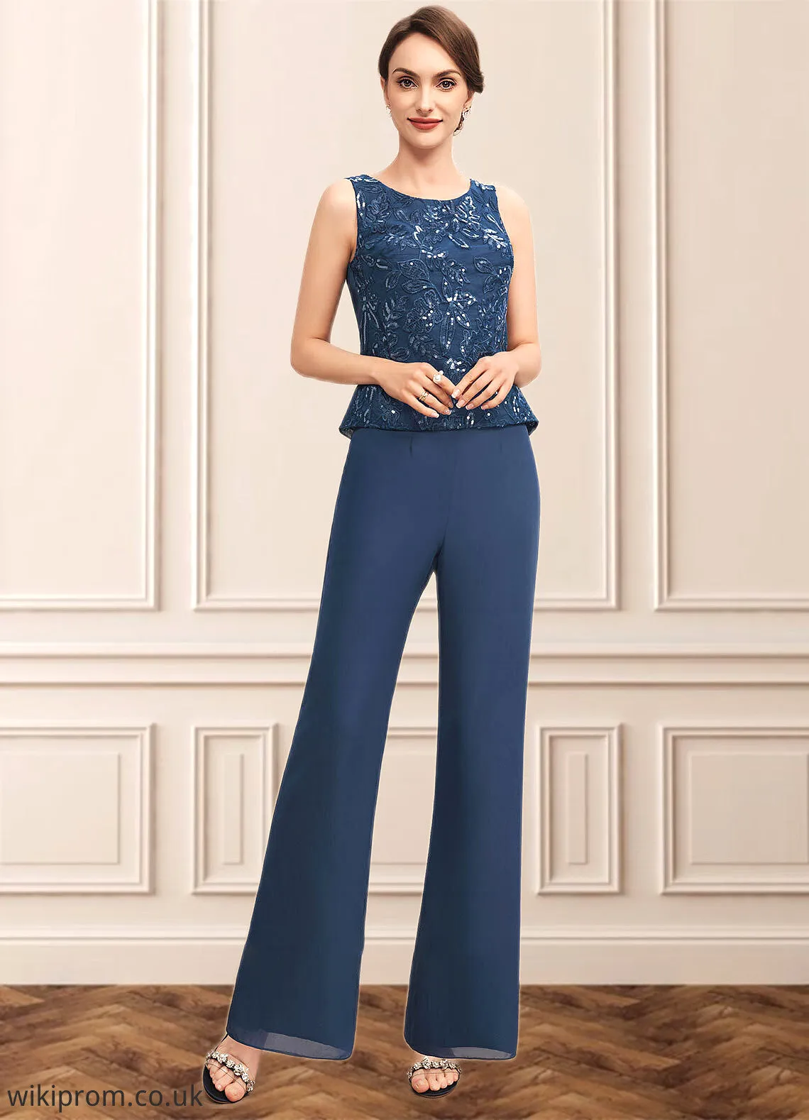 Parker Jumpsuit/Pantsuit Scoop Neck Floor-Length Chiffon Lace Mother of the Bride Dress With Sequins SWK126P0014567