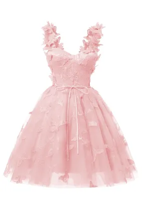 Pink 3D Butterfly Lace Applique Tulle Homecoming Dress for Teens Sweetheart Mini Short Prom Dresses