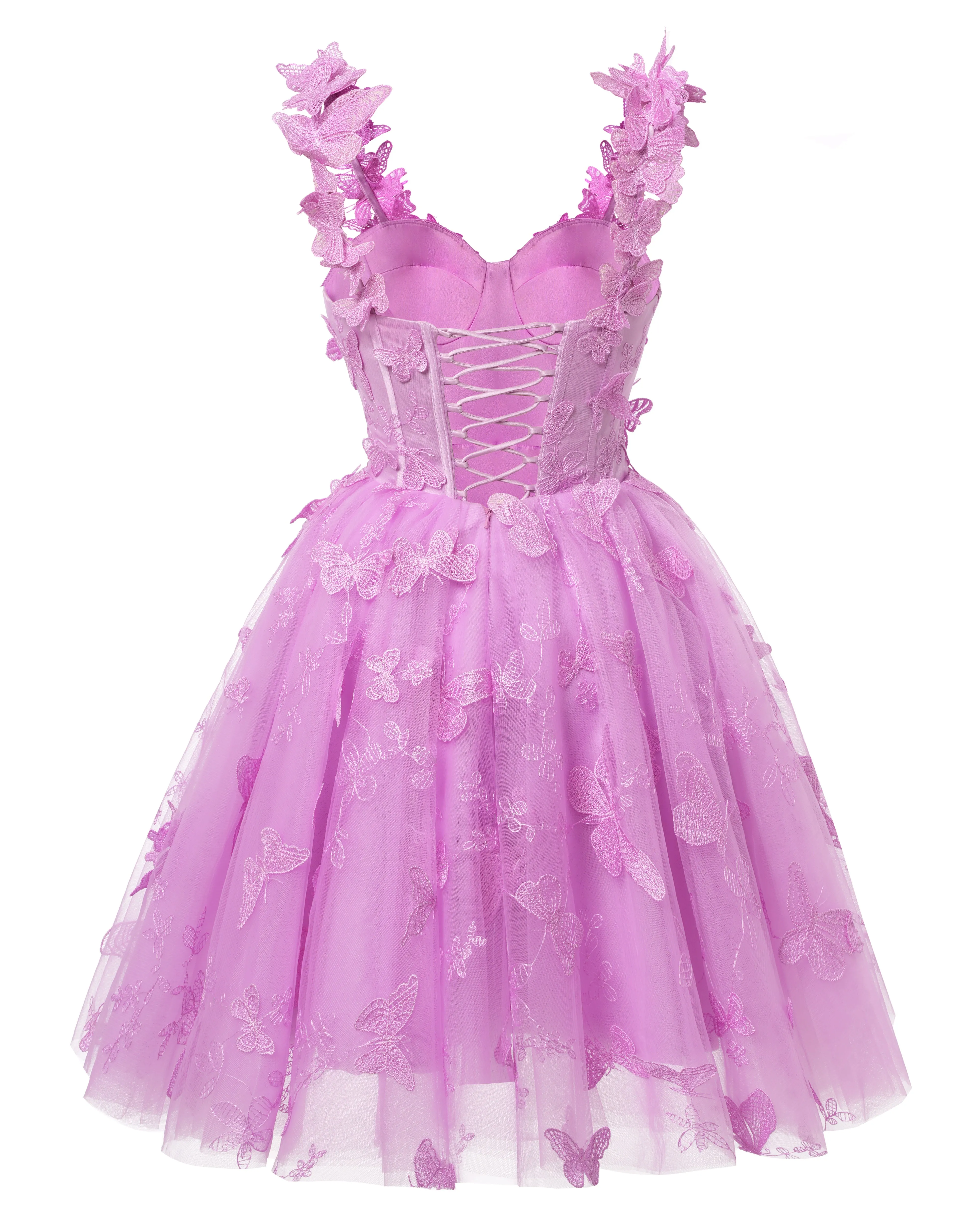 Pink 3D Butterfly Lace Applique Tulle Homecoming Dress for Teens Sweetheart Mini Short Prom Dresses