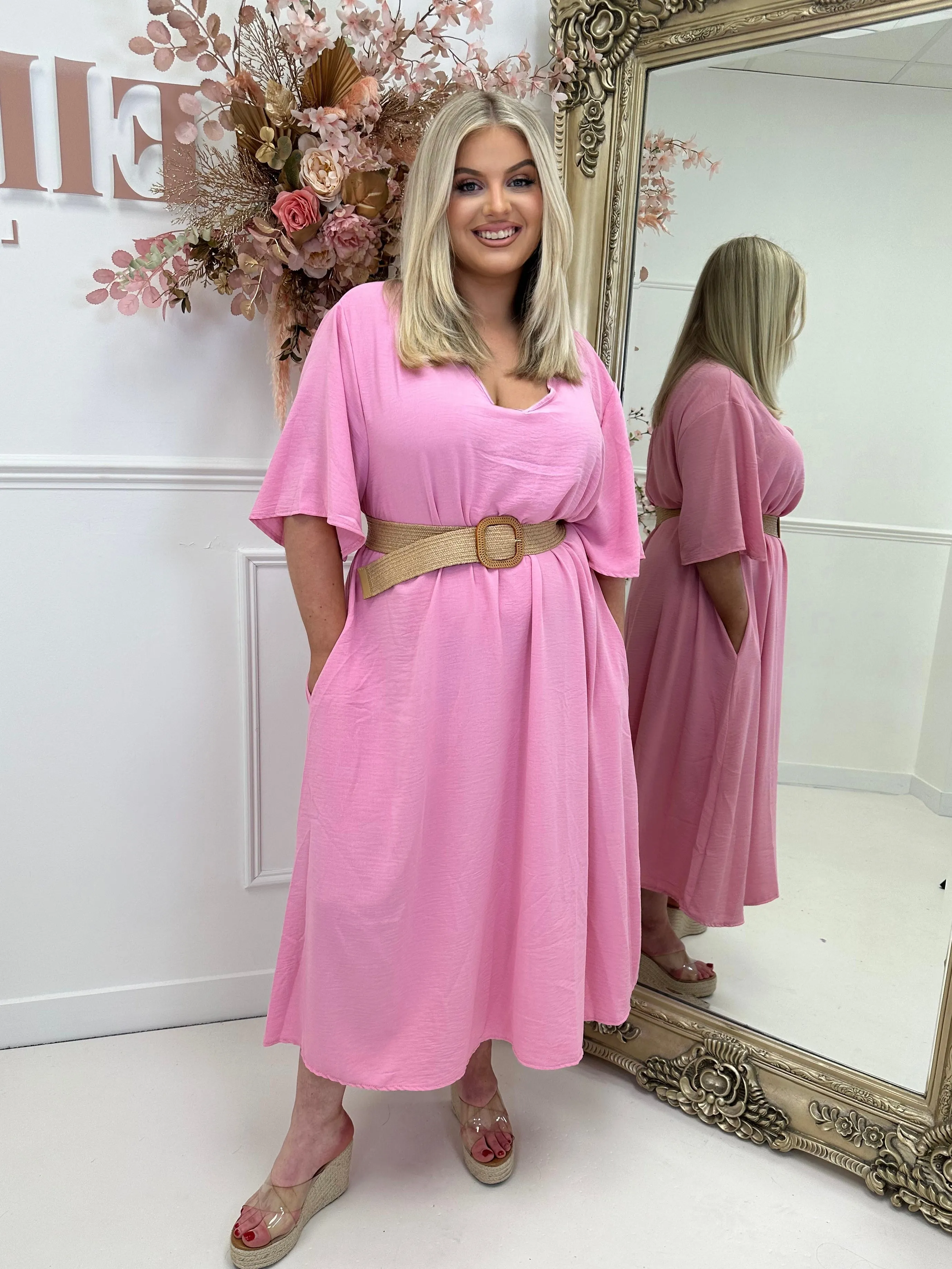 Pippa Bubblegum V Neck Belted Midi Dress