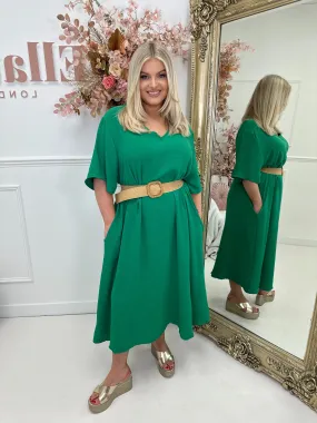 Pippa Green V Neck Belted Midi Dress