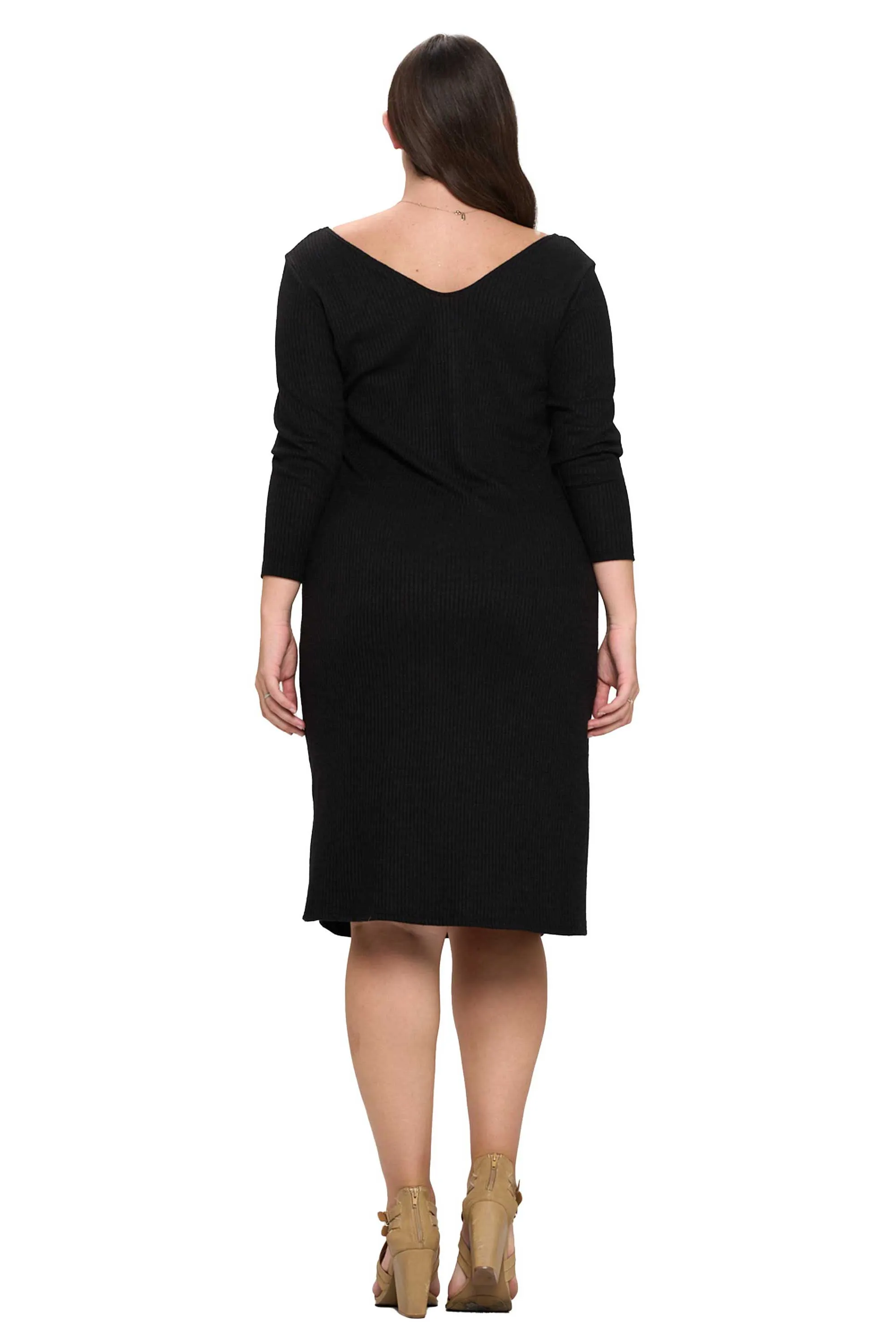 Plunge Neck Vegan Cashmere Rib Midi Dress