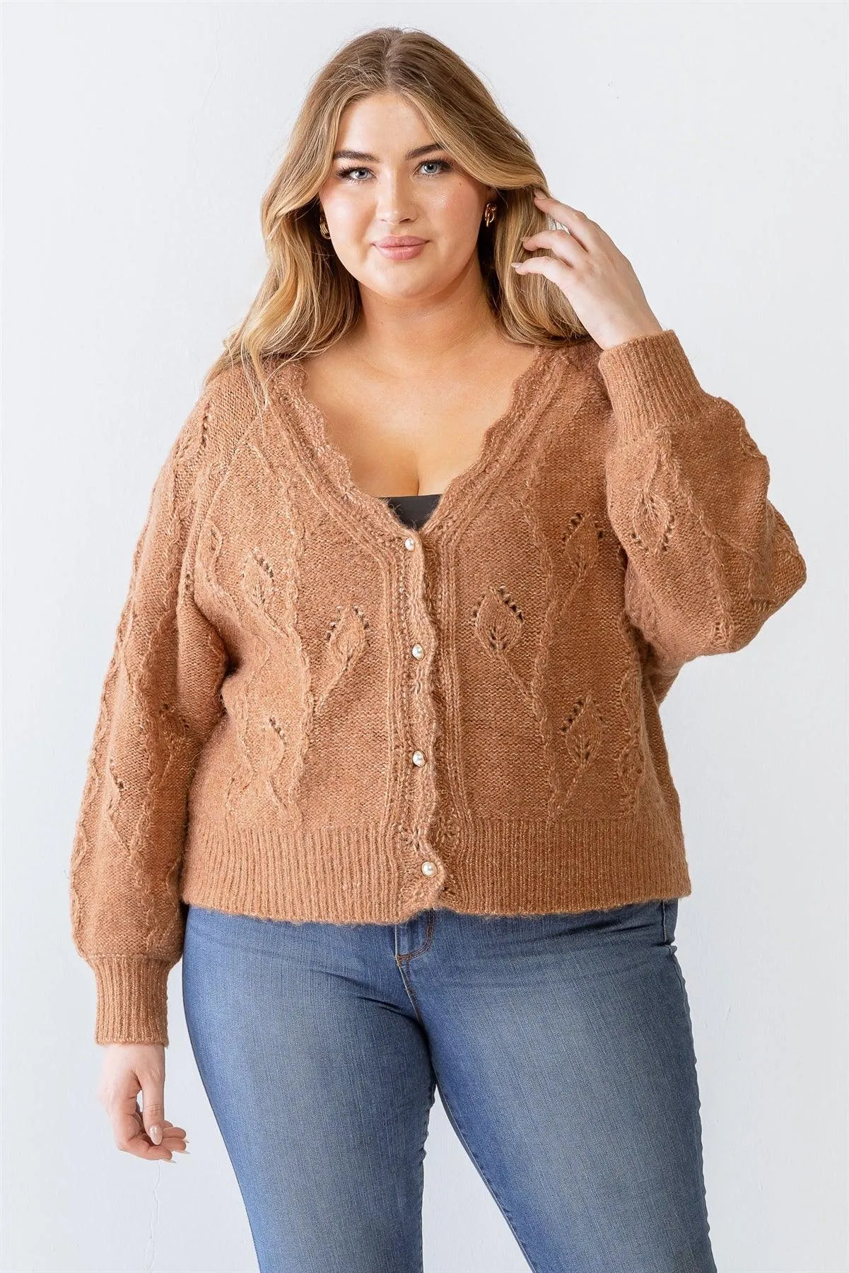 Plus Size Cable Knit Pearl Buttons Cardigan /3-2-1