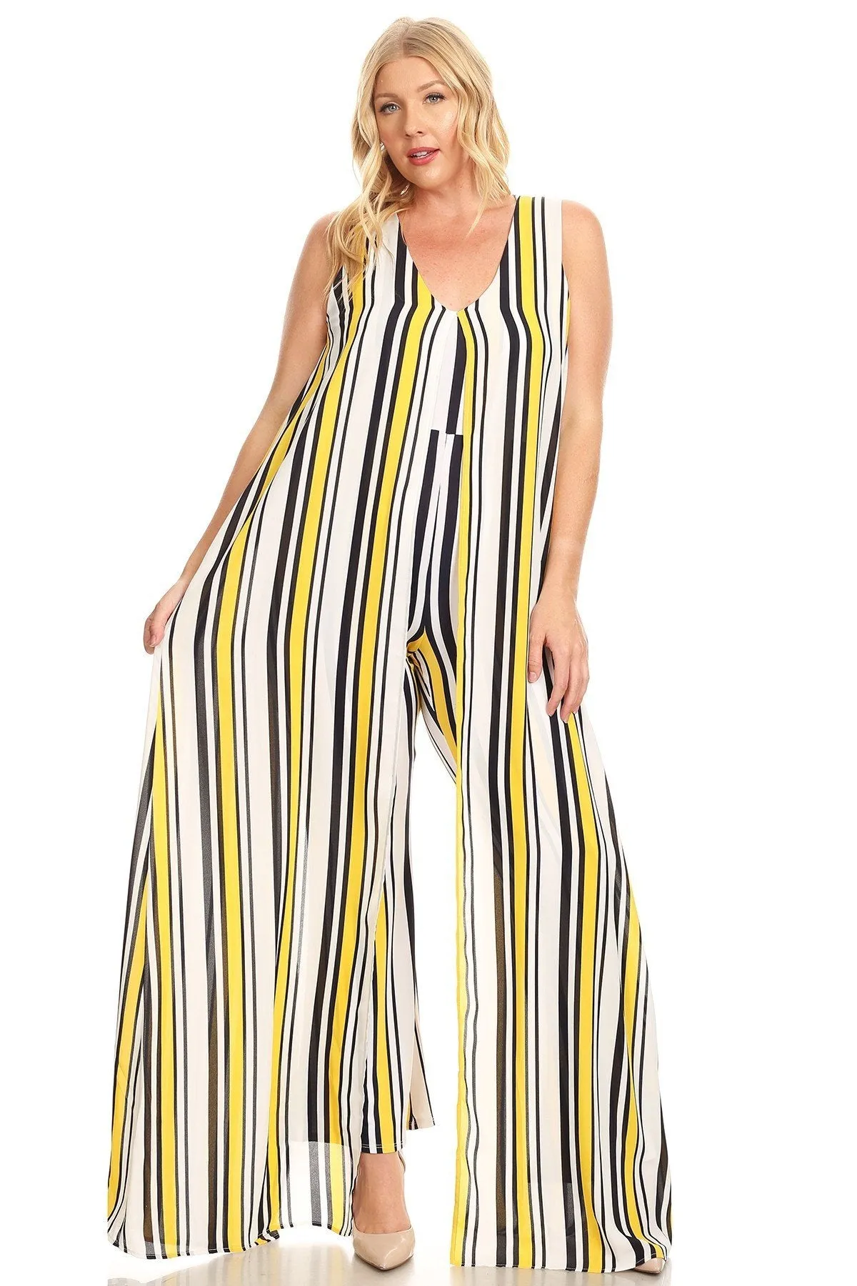 Plus Size Stripe Print Sleeveless Split Layer Caped Jumpsuit