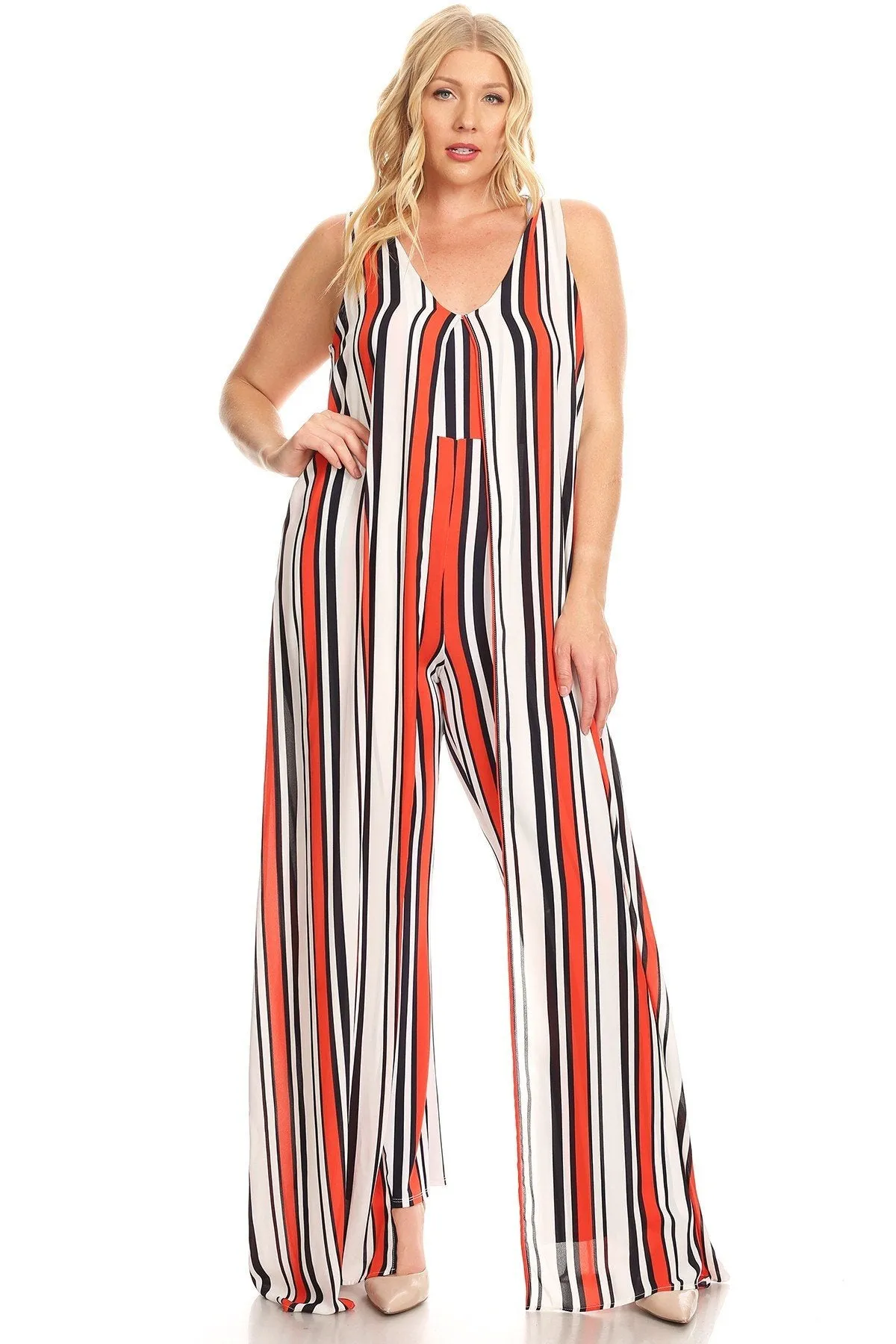 Plus Size Stripe Print Sleeveless Split Layer Caped Jumpsuit