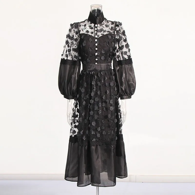 Pre Order:  Stand Collar Puff Sleeves 3D Floral Mesh Dress