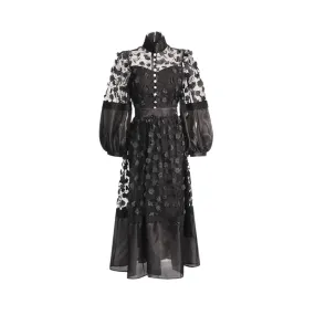 Pre Order:  Stand Collar Puff Sleeves 3D Floral Mesh Dress