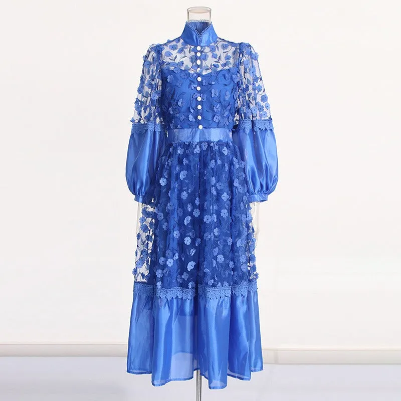 Pre Order:  Stand Collar Puff Sleeves 3D Floral Mesh Dress