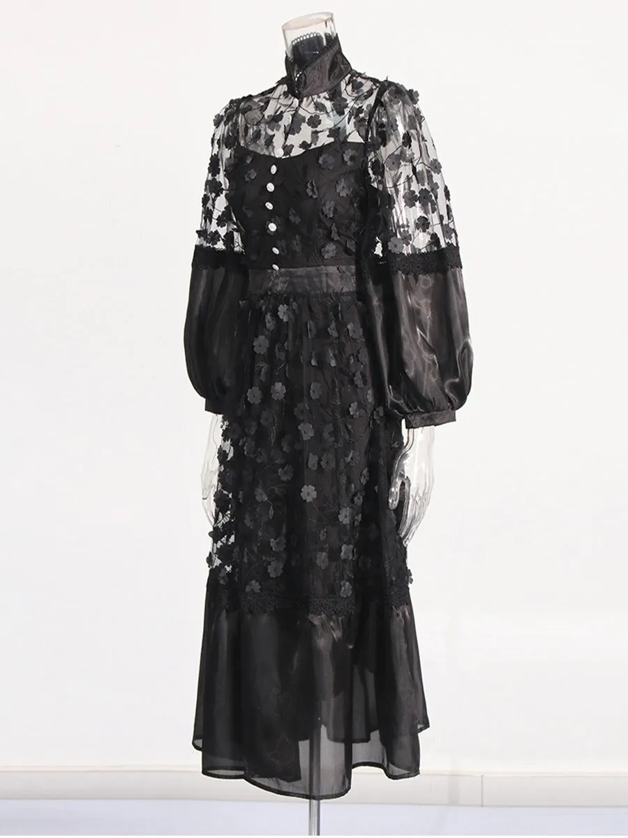 Pre Order:  Stand Collar Puff Sleeves 3D Floral Mesh Dress