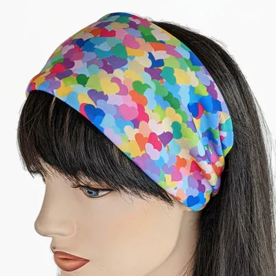 Premium, wide turban style comfy wide jersey knit  headband, bright confetti hearts