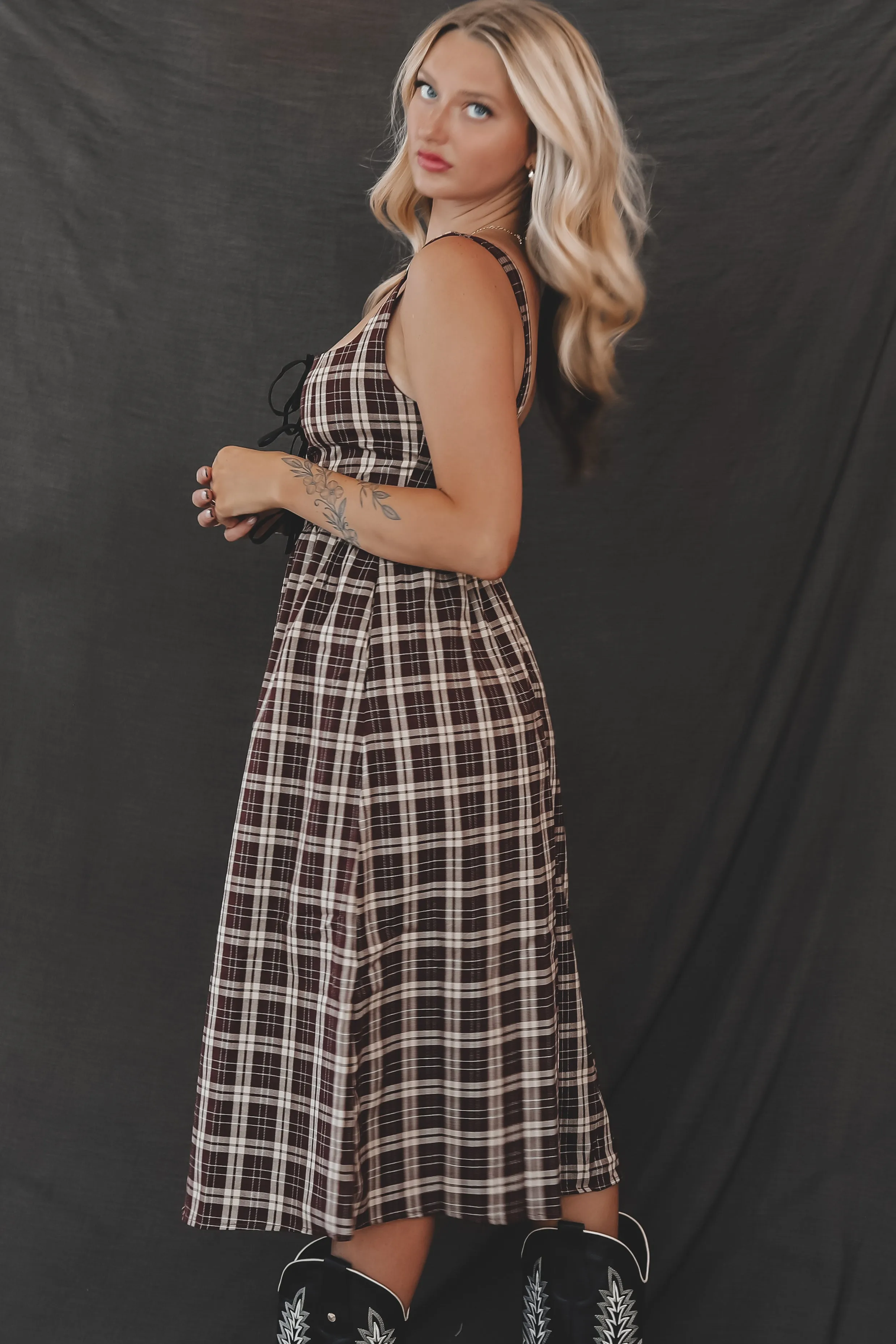 Pretty And Proper Plaid Burgundy Bow Midi Dress