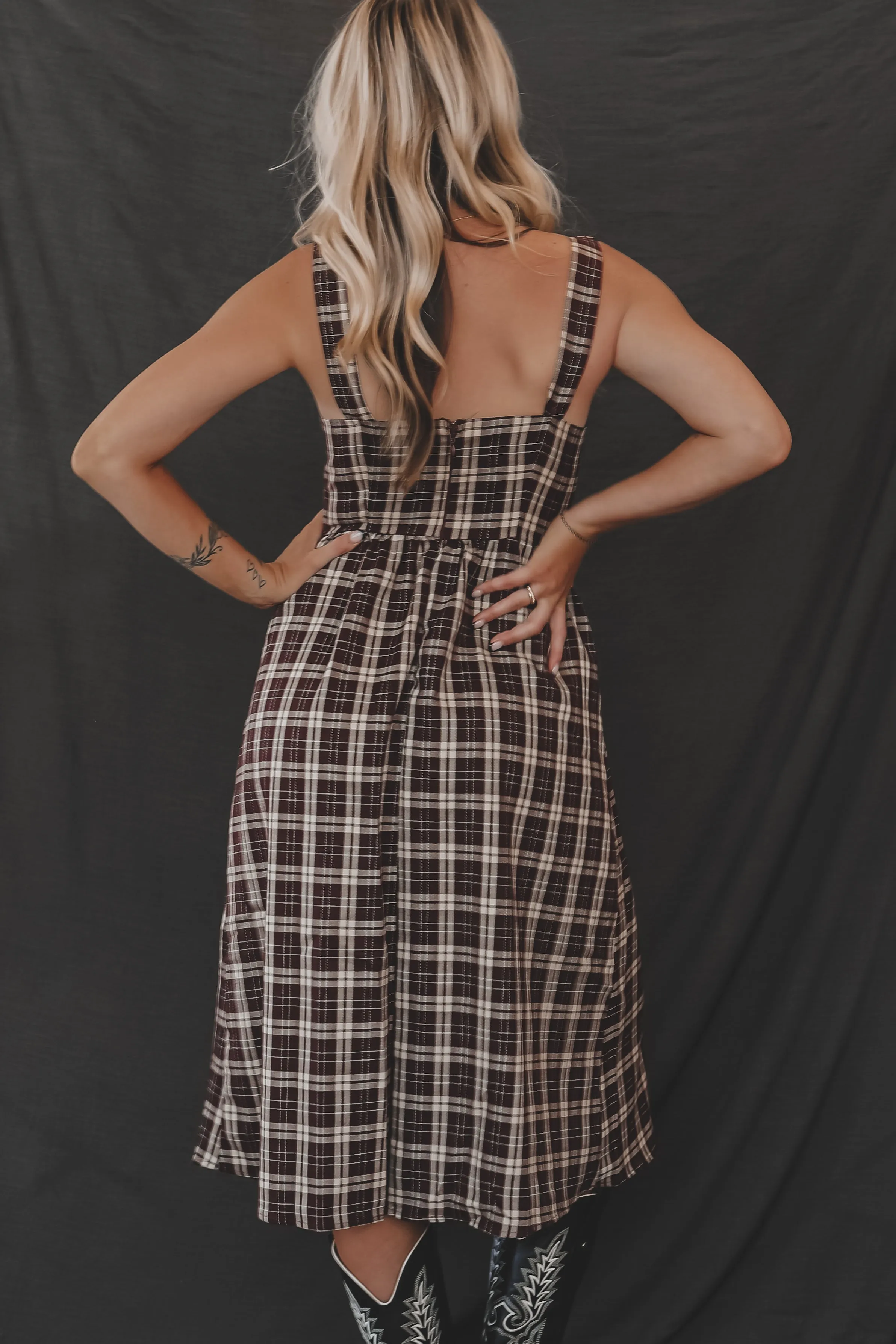 Pretty And Proper Plaid Burgundy Bow Midi Dress