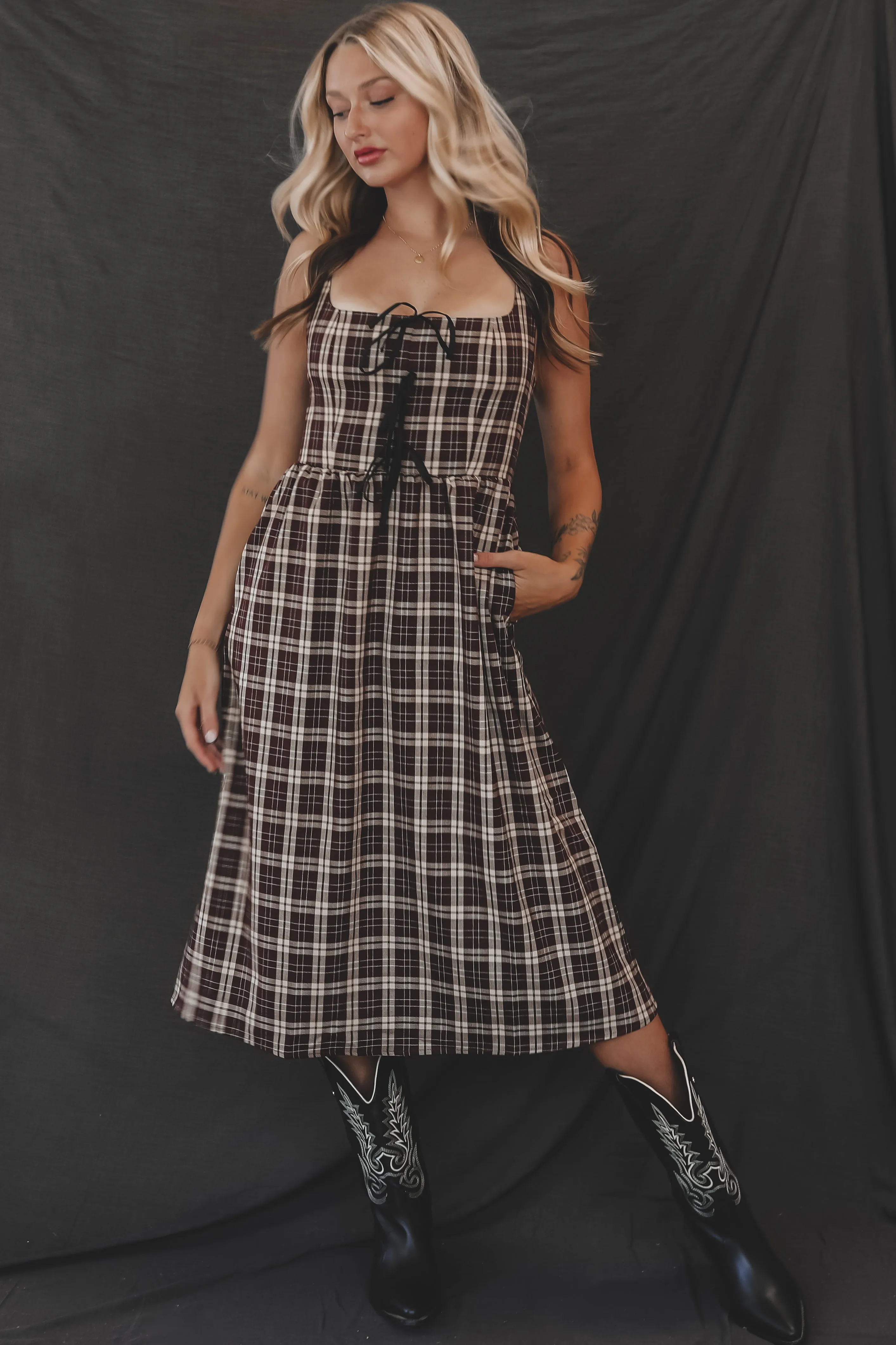 Pretty And Proper Plaid Burgundy Bow Midi Dress