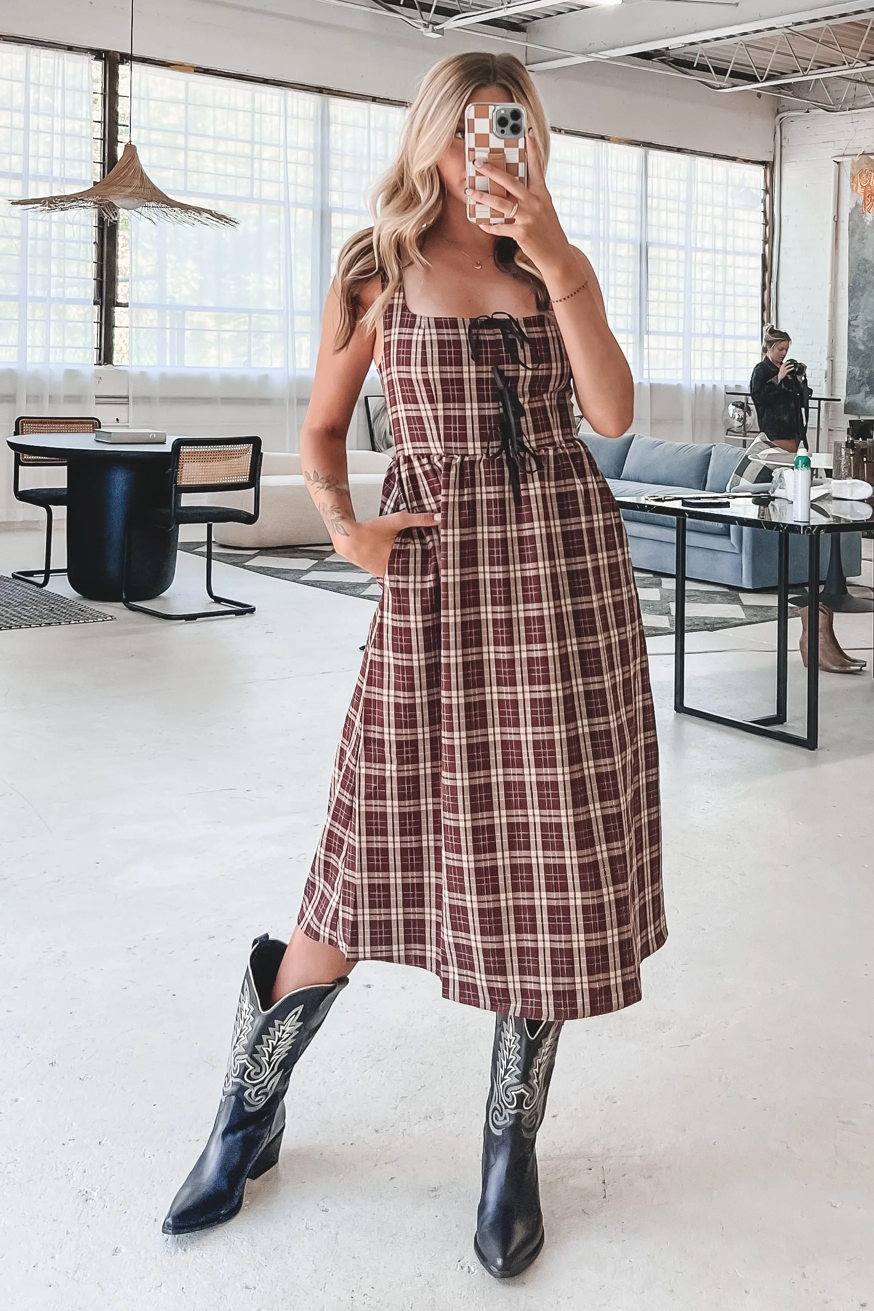 Pretty And Proper Plaid Burgundy Bow Midi Dress