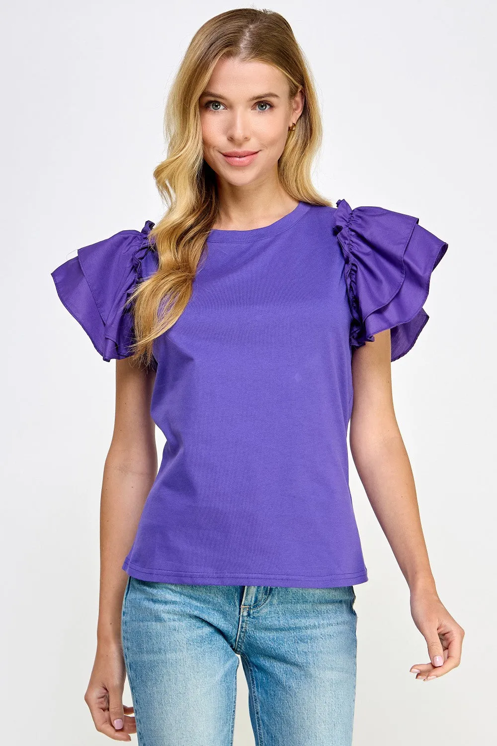 Purple Flutter Ruffle Sleeve Top