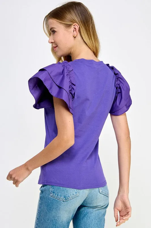 Purple Flutter Ruffle Sleeve Top