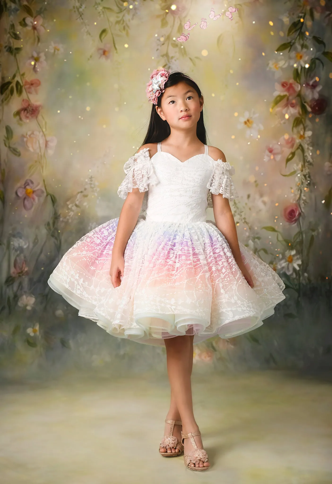 "Unicorns & Rainbows" - off shoulder lace-  Petal Short Length Dress ( 7 Year - Petite 8 Year)