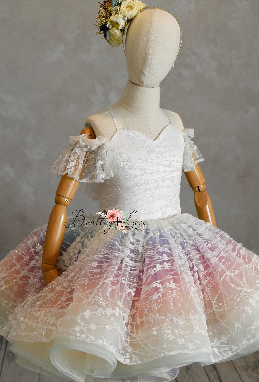 "Unicorns & Rainbows" - off shoulder lace-  Petal Short Length Dress ( 7 Year - Petite 8 Year)