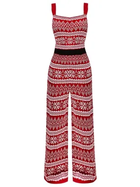 Red 1970s Christmas Straps Knitted Jumpsuit