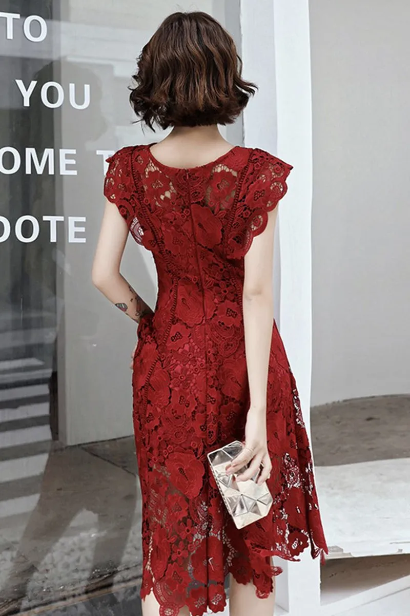 Round Neck Cap Sleeves Knee Length Floral Burgundy Lace Prom Dress, Burgundy Lace Formal Graduation Homecoming Dress