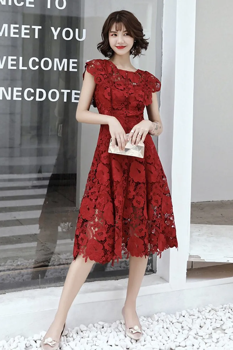 Round Neck Cap Sleeves Knee Length Floral Burgundy Lace Prom Dress, Burgundy Lace Formal Graduation Homecoming Dress