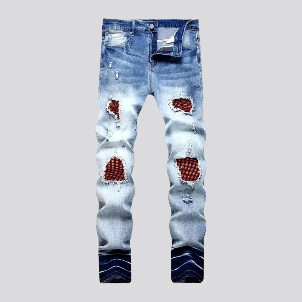 Sanded men's red-crystal-patch jeans