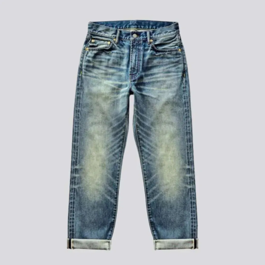 Sanded whiskered selvedge jeans