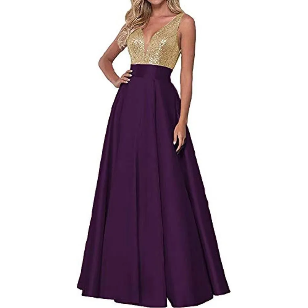 Satin Prom Gowns Sequin Top V Neck Bridesmaid Dresses