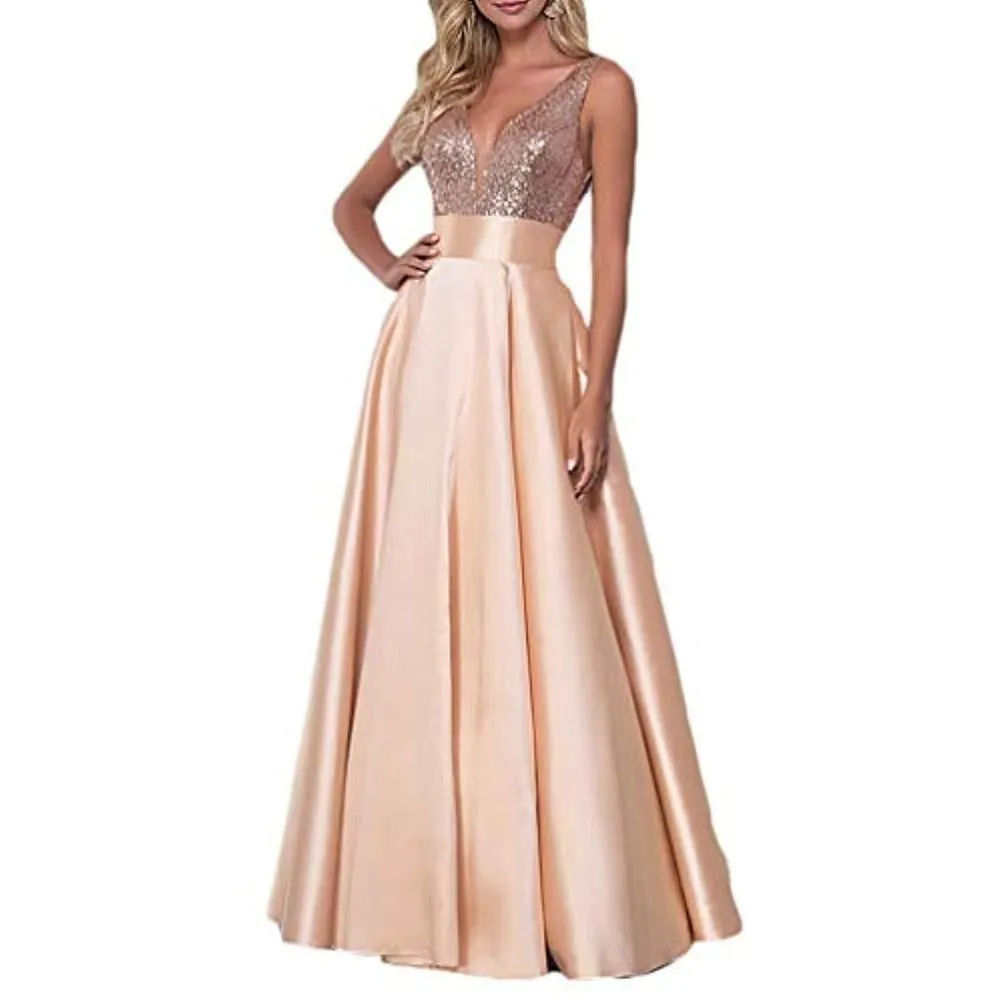 Satin Prom Gowns Sequin Top V Neck Bridesmaid Dresses