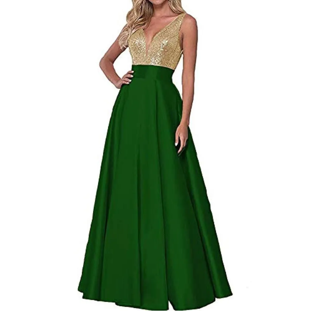 Satin Prom Gowns Sequin Top V Neck Bridesmaid Dresses