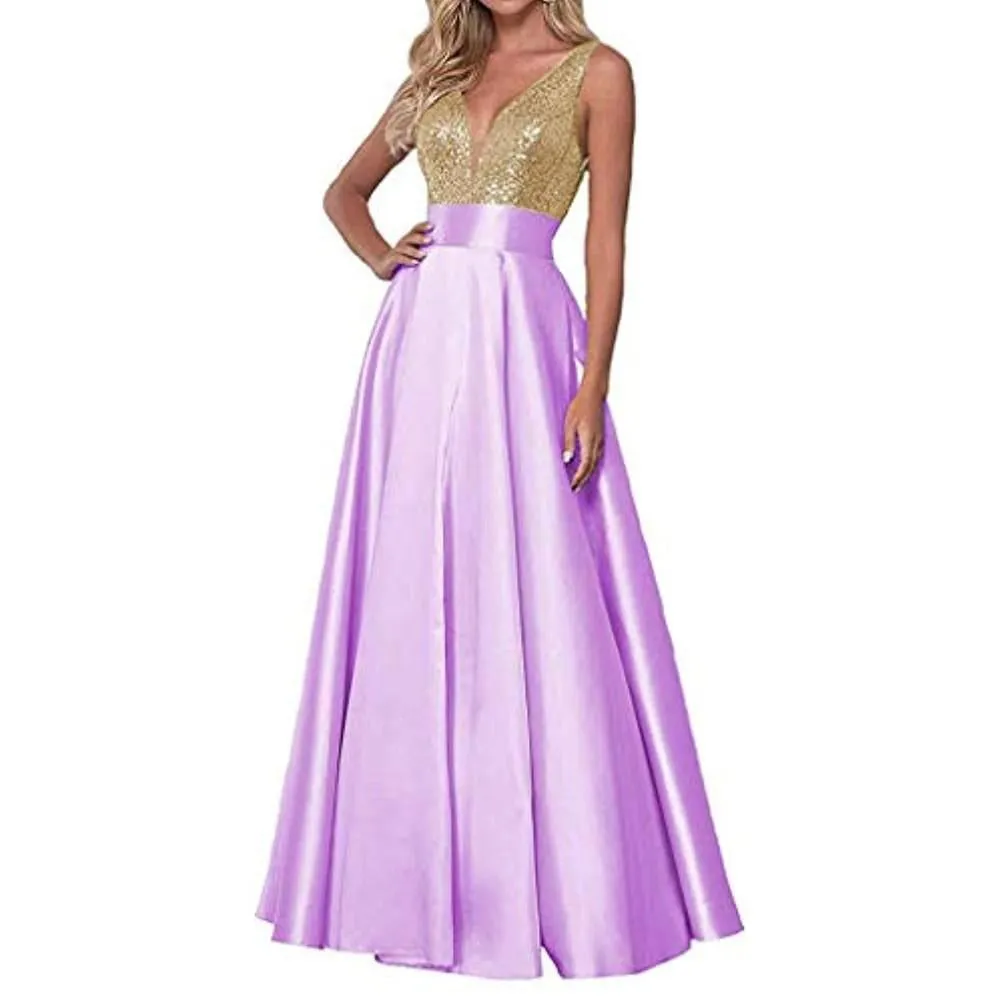 Satin Prom Gowns Sequin Top V Neck Bridesmaid Dresses