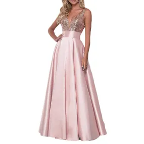 Satin Prom Gowns Sequin Top V Neck Bridesmaid Dresses