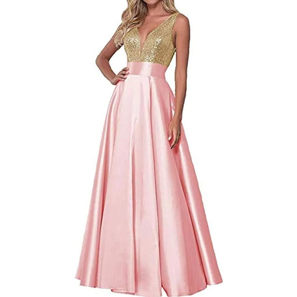 Satin Prom Gowns Sequin Top V Neck Bridesmaid Dresses