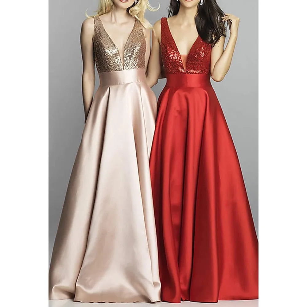 Satin Prom Gowns Sequin Top V Neck Bridesmaid Dresses