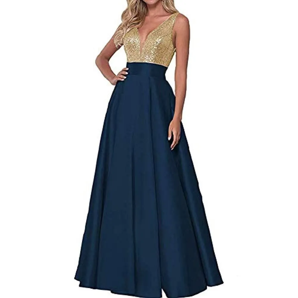 Satin Prom Gowns Sequin Top V Neck Bridesmaid Dresses