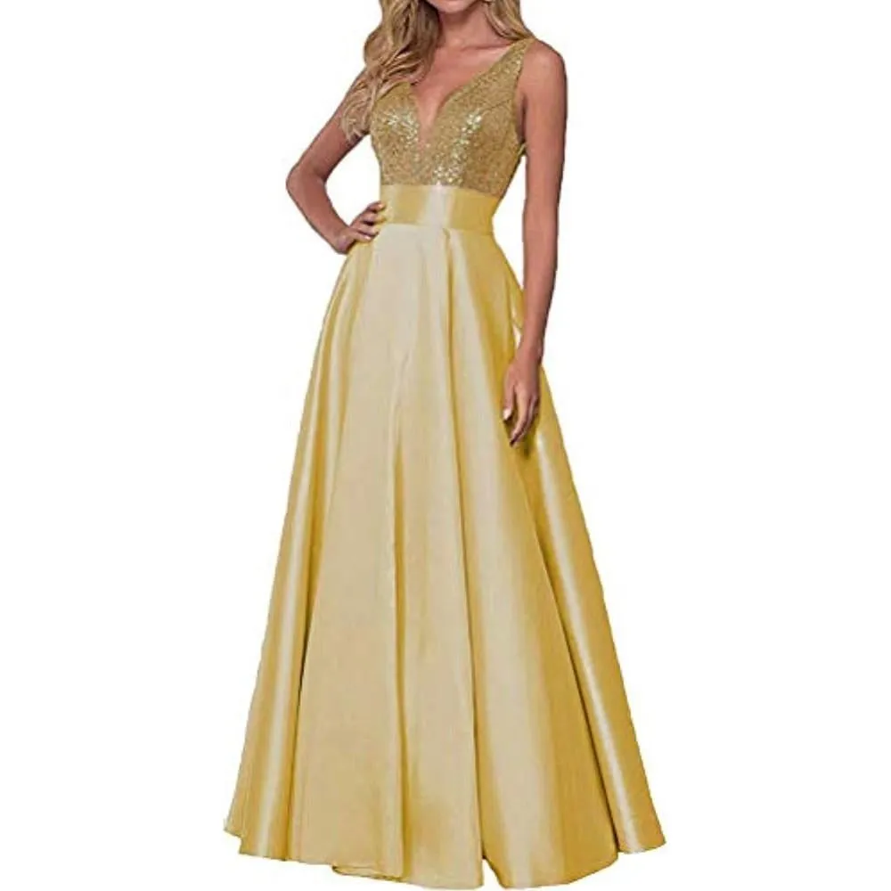 Satin Prom Gowns Sequin Top V Neck Bridesmaid Dresses