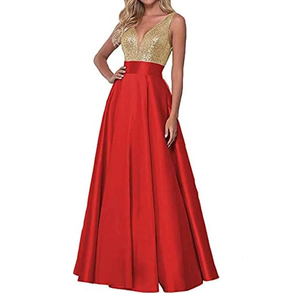 Satin Prom Gowns Sequin Top V Neck Bridesmaid Dresses