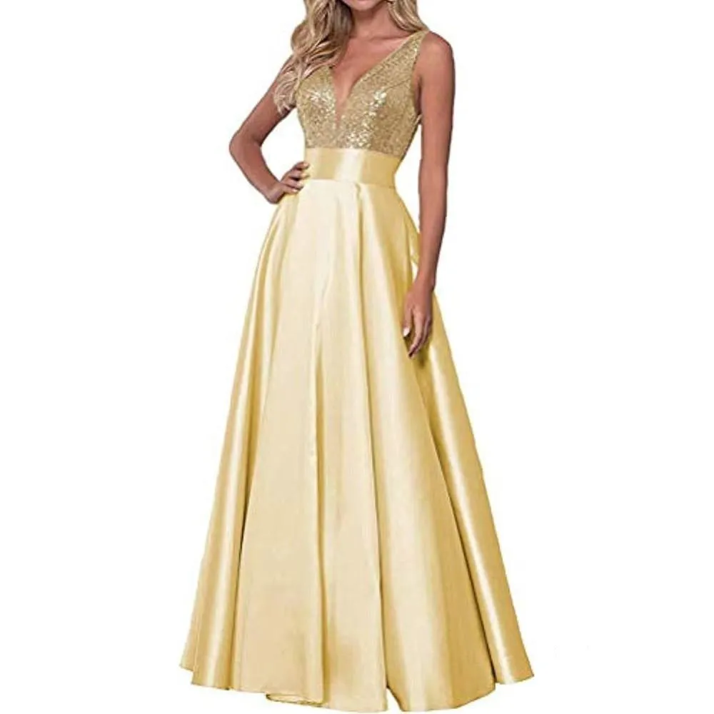 Satin Prom Gowns Sequin Top V Neck Bridesmaid Dresses