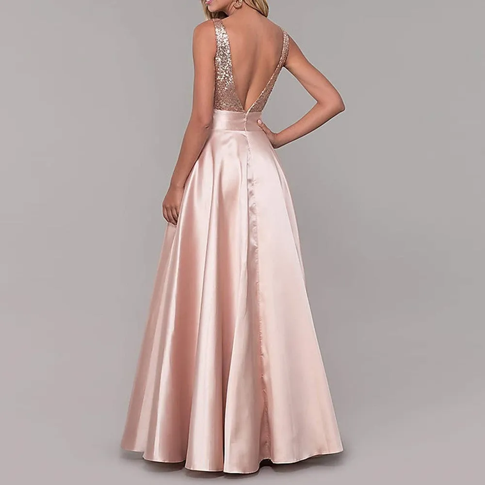 Satin Prom Gowns Sequin Top V Neck Bridesmaid Dresses