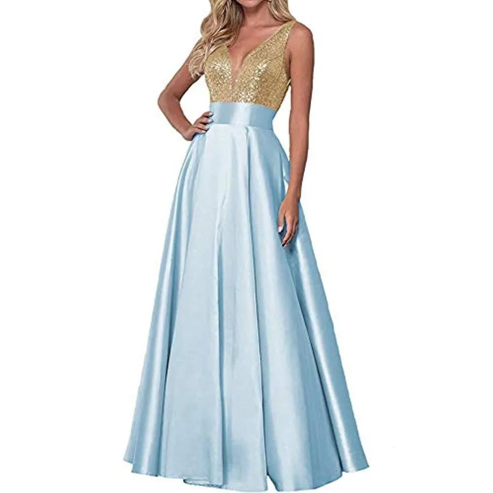 Satin Prom Gowns Sequin Top V Neck Bridesmaid Dresses