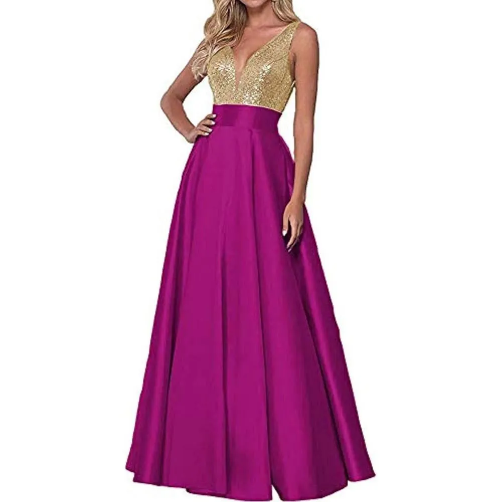 Satin Prom Gowns Sequin Top V Neck Bridesmaid Dresses