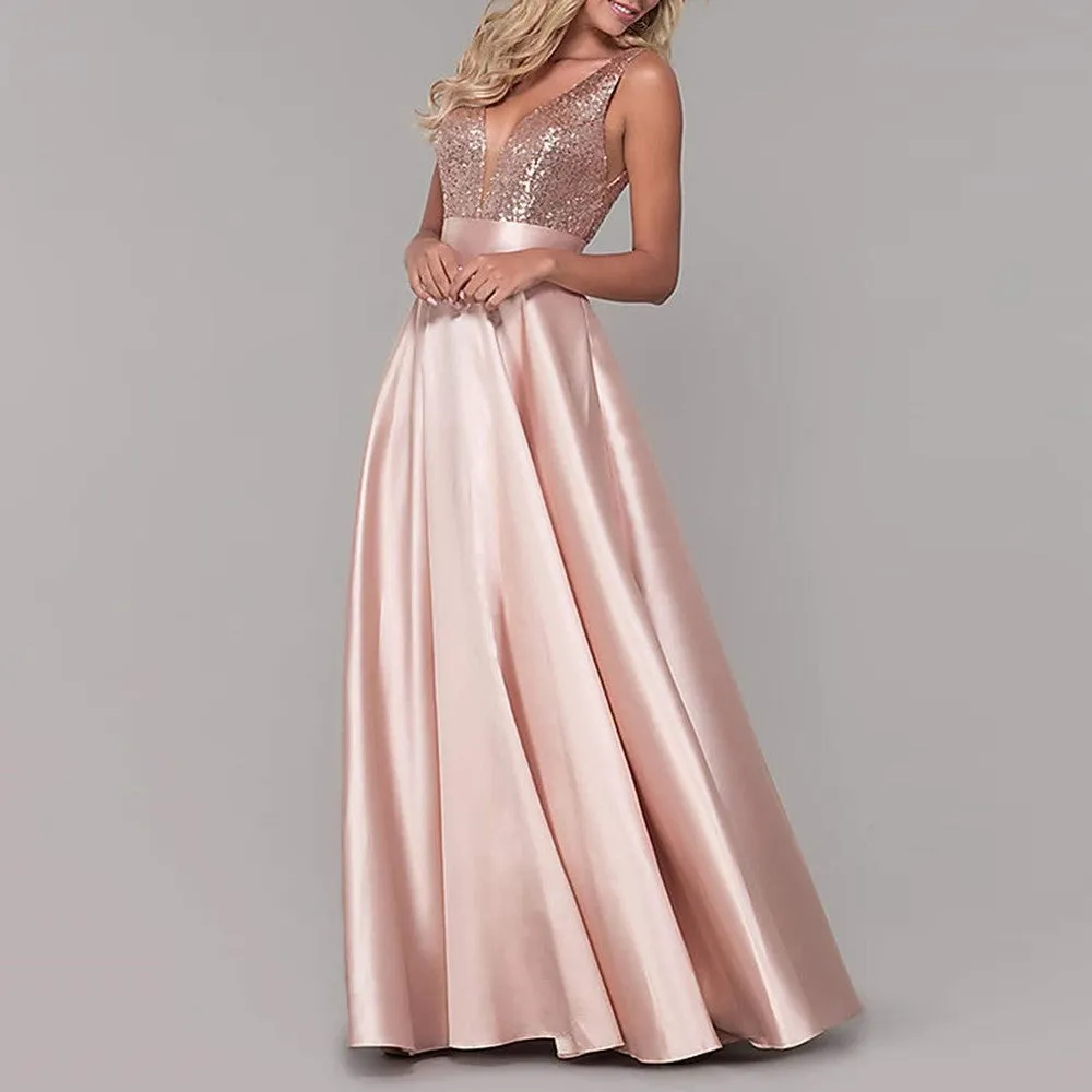 Satin Prom Gowns Sequin Top V Neck Bridesmaid Dresses