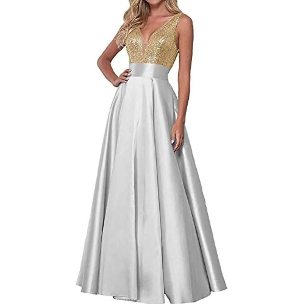 Satin Prom Gowns Sequin Top V Neck Bridesmaid Dresses