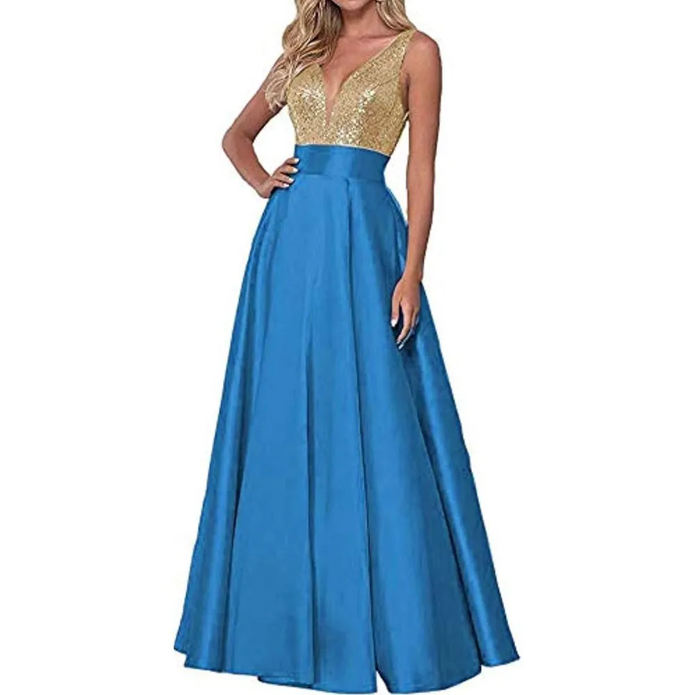 Satin Prom Gowns Sequin Top V Neck Bridesmaid Dresses