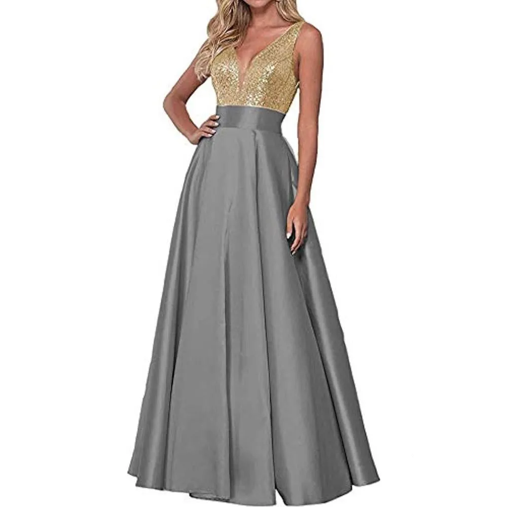 Satin Prom Gowns Sequin Top V Neck Bridesmaid Dresses