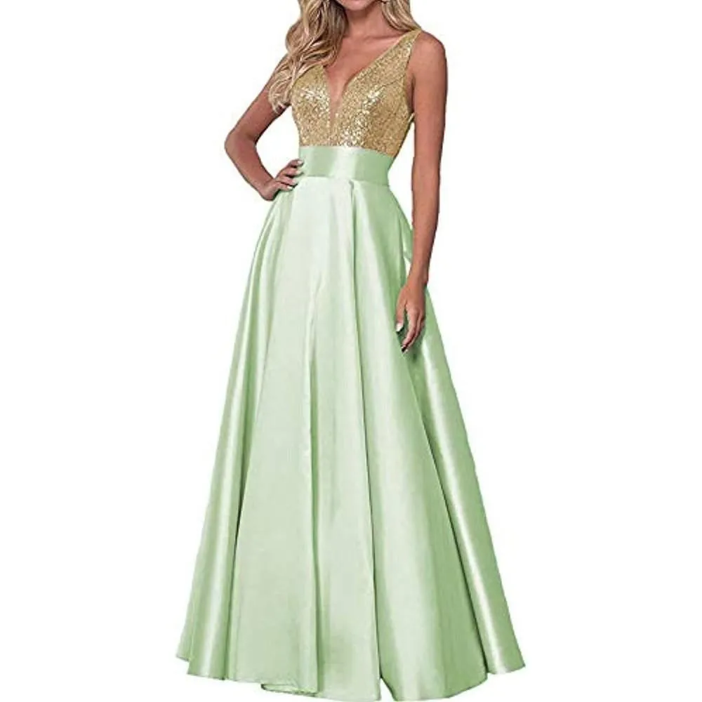 Satin Prom Gowns Sequin Top V Neck Bridesmaid Dresses