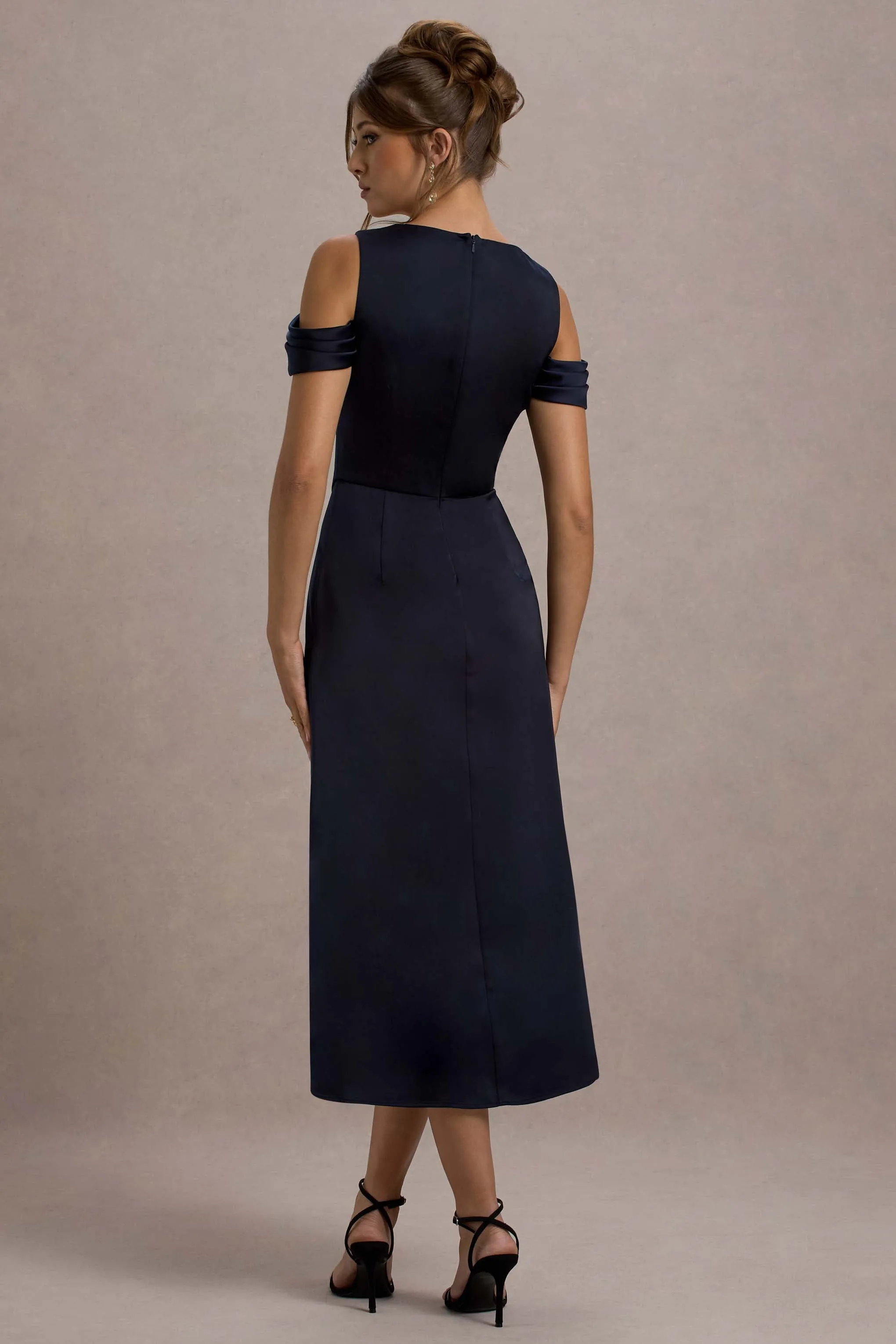 Sawyer | Navy Satin Draped Midi Dress